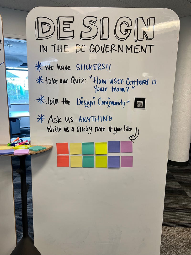 A white board saying “design” in block letters at the top. Below, it says, “we have stickers”, “take our quiz” ,“join the design community, and “ask us anything” with some colorful sticky notes to write on