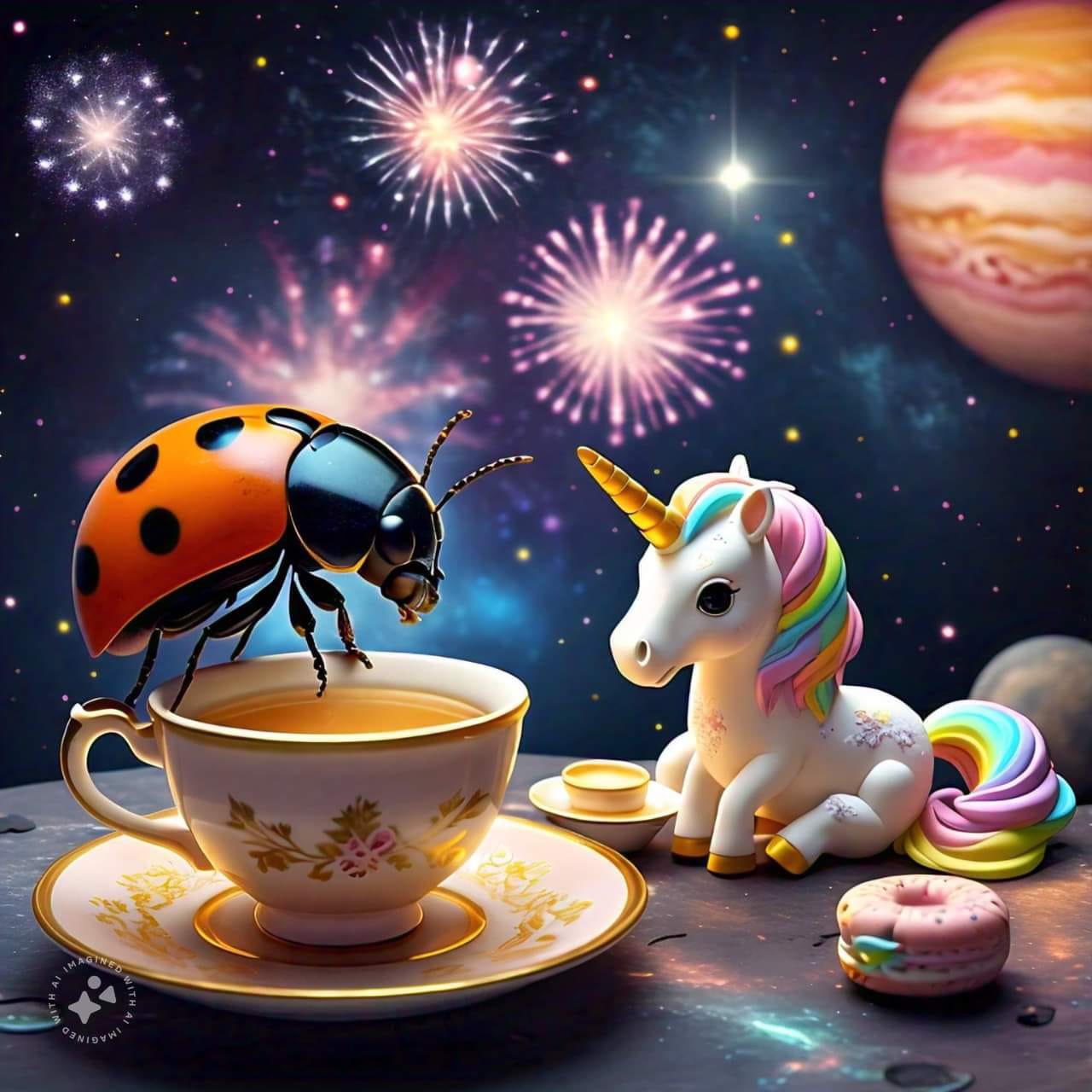 An AI image of a ladybird and a unicorn having tea with fireworks and planets in the background